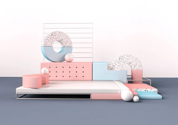 Geometrik şekiller iç. Resmi sosyal medya afiş ve promosyon için trendy 3d render. Arka plan üzerinde pastel renkler ilkel. Modern tarzda soyut gerçekçi kompozisyon.