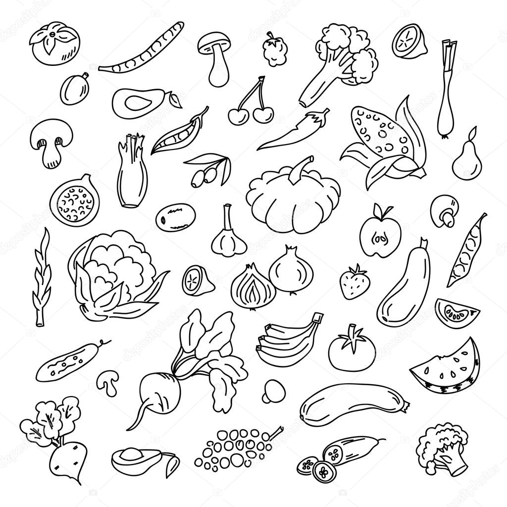 Set doodles elements vegetables and fruits. Vegetarian food