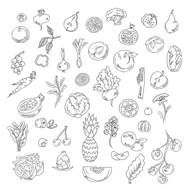 Doodles'ın öğeleri sebze ve meyve ayarlayın. Vegeyarian gıda