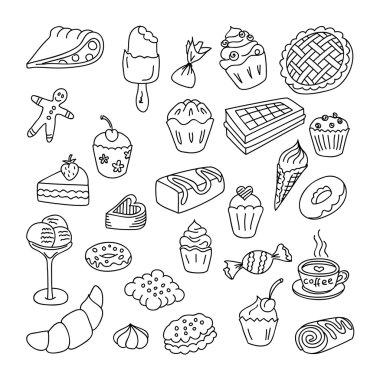 Set öğeler ekmek, puncakes ve tatlılar doodles