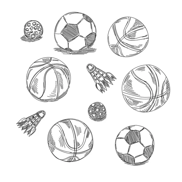 Diferentes tipos de bolas definidas. Doodles esportivos —  Vetores de Stock