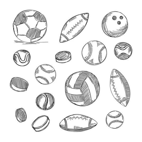 Diferentes tipos de bolas definidas. Doodles esportivos —  Vetores de Stock