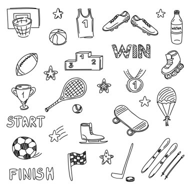 Set of sports doodles elements. Hand draw icons clipart