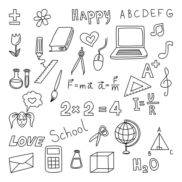 Je retourne à l'école. Définir les éléments de doodle. Matériel de bureau de tirage à la main — Image vectorielle