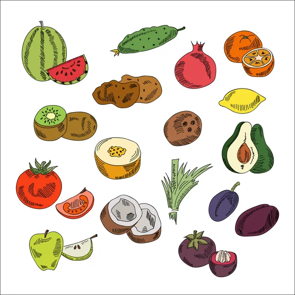 Σετ doodles στοιχεία λαχανικά και φρούτα. Χορτοφάγους τροφίμων — Διανυσματικό Αρχείο