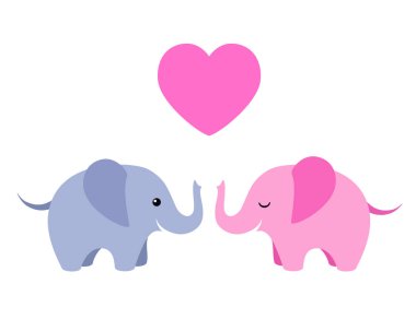 Beyaz arka plan üzerinde izole kalp ile iki sevimli fil