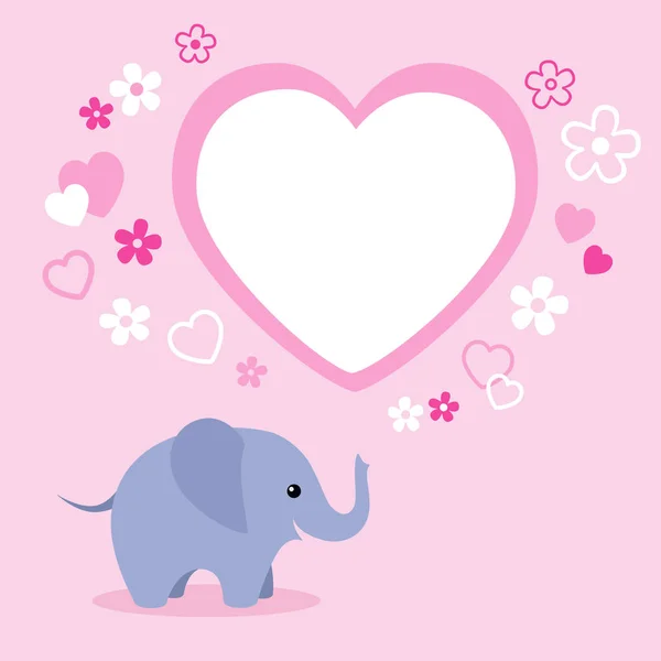 Cute elephant with flowers, heart and text box — Stock Vector