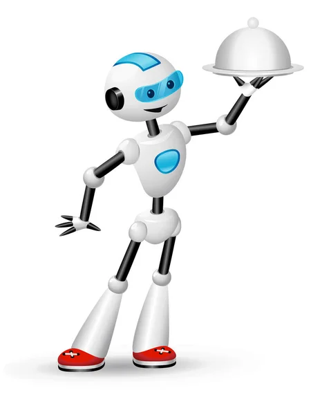 Lindo robot camarero con cloche — Vector de stock