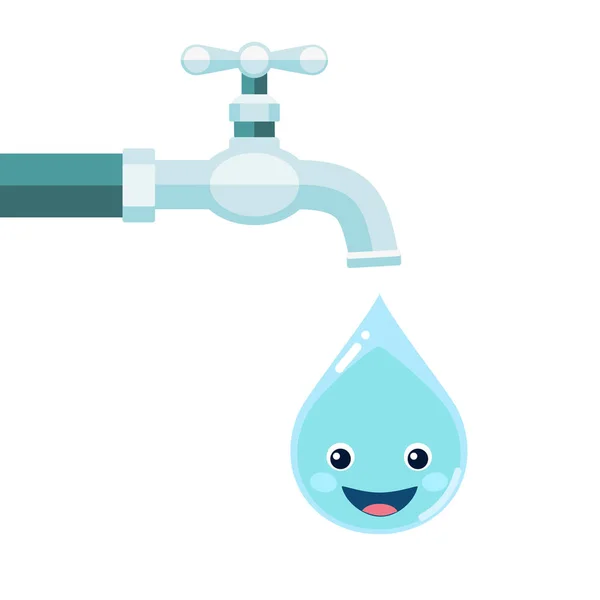Νερό της βρύσης με χαμογελαστά σταγόνα νερό που απομονώνονται σε λευκό φόντο — Διανυσματικό Αρχείο