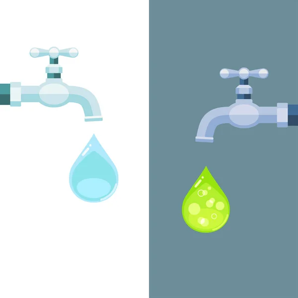 Grifos de agua con gotas limpias y tóxicas — Vector de stock