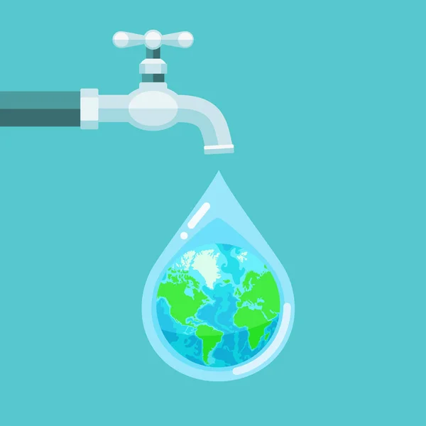 Νερό της βρύσης με τον πλανήτη γη μέσα στο σταγόνα νερό σε μπλε backgro — Διανυσματικό Αρχείο