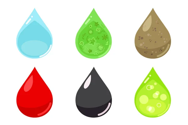 Varias gotas: agua limpia, infectada y sucia, gotas de bloo — Vector de stock