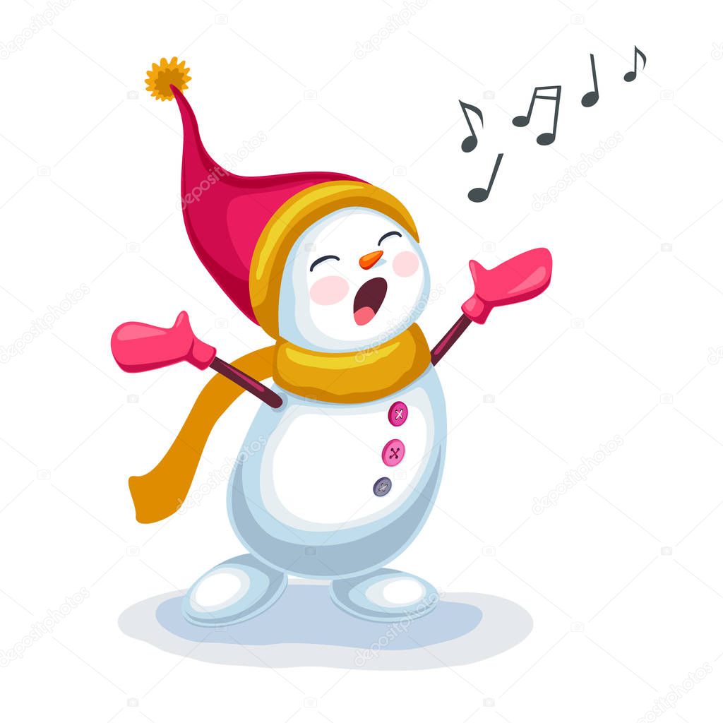Cute snowman singing a song isolated on white background