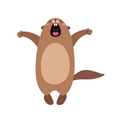 Illustration of groundhog who yawns and stretches. Flat clipart