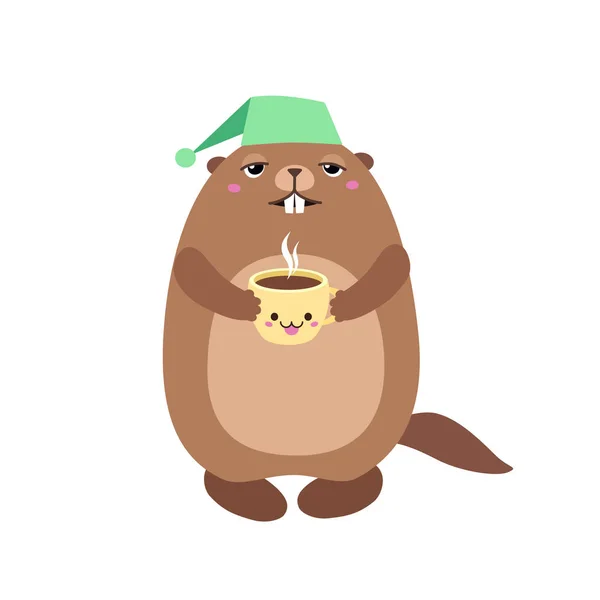 Ilustración de marmota sosteniendo una taza de café. Plano — Archivo Imágenes Vectoriales