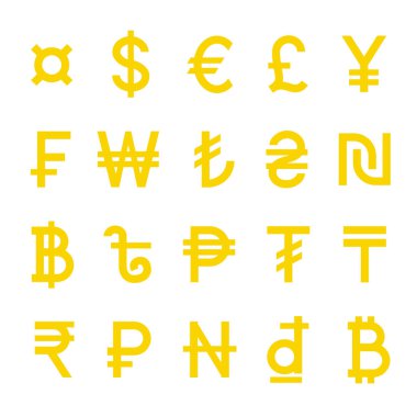 Yellow World Currency vector symbols set isolated clipart