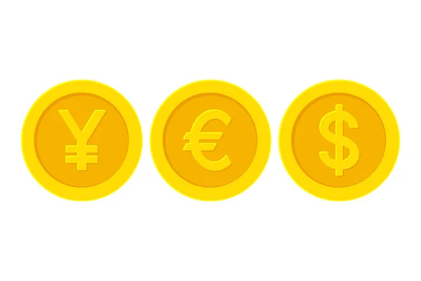 Palavra sim com moedas de ouro amarelas. Yen Euro Dólar — Vetor de Stock