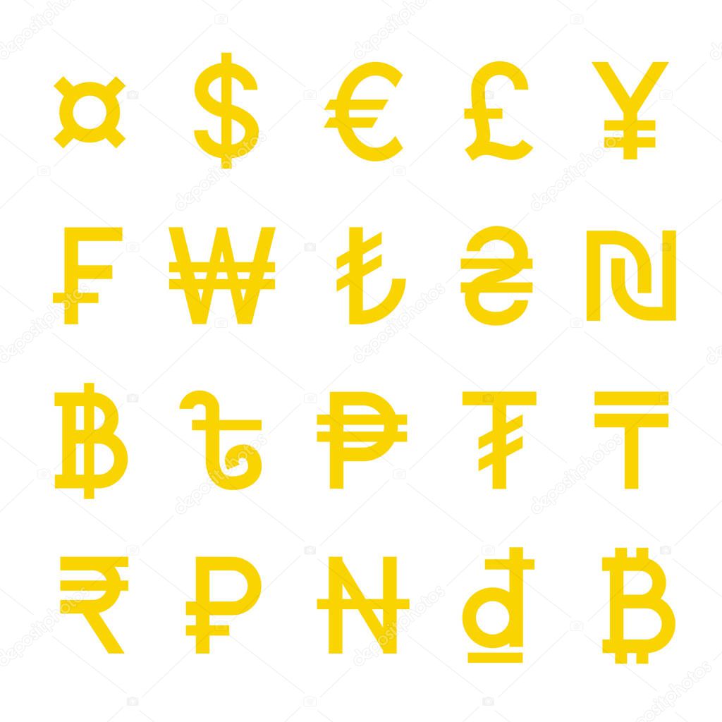 Yellow World Currency vector symbols set isolated