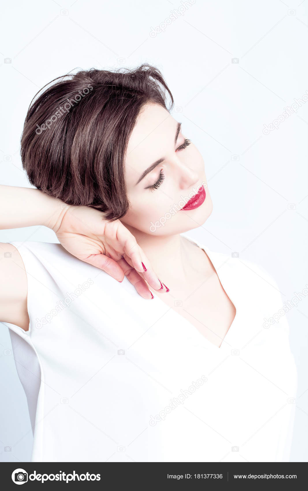 Beautiful Luxurious Woman Red Lipstick Her Lips Haircut