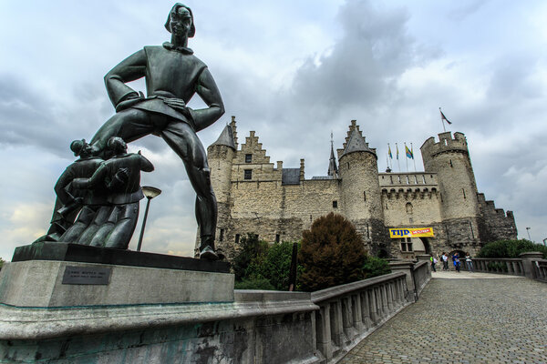 Het Steen Fortress and Statue of Lange Wapper in Antwerp, Belgium