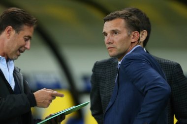 Kharkiv, Ukrayna - 13 Eylül, 2017: portre Ukrayna Milli takım baş Koç Andriy Şevçenko. Şampiyonlar Ligi. Shakhtar - Napoli. Metalist Stadyumu