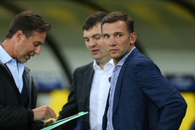 Kharkiv, Ukrayna - 13 Eylül, 2017: portre Ukrayna Milli takım baş Koç Andriy Şevçenko. Şampiyonlar Ligi. Shakhtar - Napoli. Metalist Stadyumu