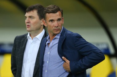 Kharkiv, Ukrayna - 13 Eylül, 2017: portre Ukrayna Milli takım baş Koç Andriy Şevçenko. Şampiyonlar Ligi. Shakhtar - Napoli. Metalist Stadyumu