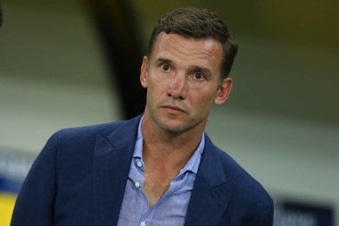 Kharkiv, Ukrayna - 13 Eylül, 2017: portre Ukrayna Milli takım baş Koç Andriy Şevçenko. Şampiyonlar Ligi. Shakhtar - Napoli. Metalist Stadyumu