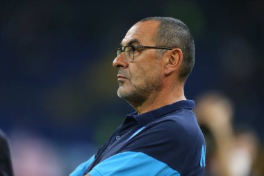 Kharkiv, Ukrayna - 13 Eylül, 2017: Ssc Napoli koçu Maurizio Sarri yakın çekim portre. Şampiyonlar Ligi. Shakhtar - Napoli. Metalist Stadyumu
