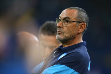 Kharkiv, Ukrayna - 13 Eylül, 2017: Ssc Napoli koçu Maurizio Sarri yakın çekim portre. Şampiyonlar Ligi. Shakhtar - Napoli. Metalist Stadyumu