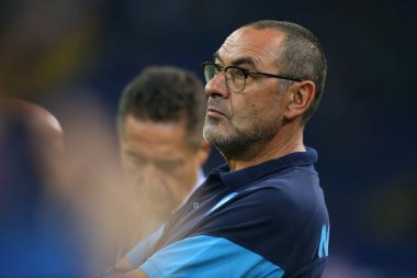 Kharkiv, Ukrayna - 13 Eylül, 2017: Ssc Napoli koçu Maurizio Sarri yakın çekim portre. Şampiyonlar Ligi. Shakhtar - Napoli. Metalist Stadyumu