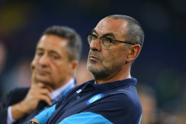 Kharkiv, Ukrayna - 13 Eylül, 2017: Ssc Napoli koçu Maurizio Sarri yakın çekim portre. Şampiyonlar Ligi. Shakhtar - Napoli. Metalist Stadyumu