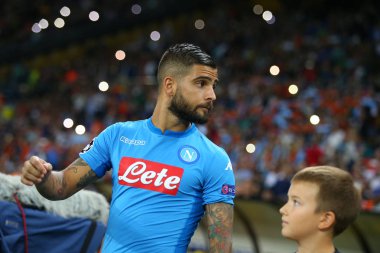 Kharkiv, Ukrayna - 13 Eylül, 2017: Lorenzo Insigne portre sahaya geliyor. Şampiyonlar Ligi. Shakhtar - Napoli. Metalist Stadyumu