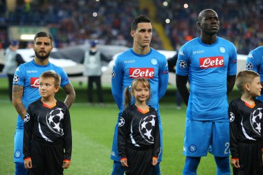 Kharkiv, Ukrayna - 13 Eylül, 2017: Lorenzo Insigne, Jose Callejon, Kalidou Koulibaly Portreler doğrultusunda. Şampiyonlar Ligi. Shakhtar - Napoli. Metalist Stadyumu