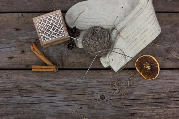 Skeins of wool yarn and crochet hook. Rustic style — Φωτογραφία Αρχείου