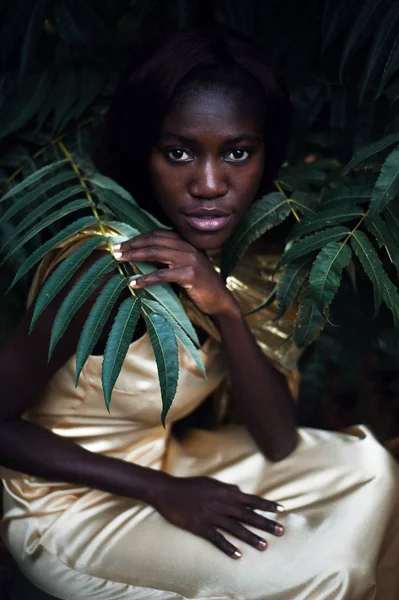 Dunkles Hautmodell aus Nigeria im goldenen Satinkleid. — Stockfoto