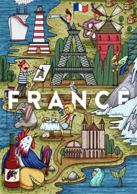 Cartoon France map with popular places clipart