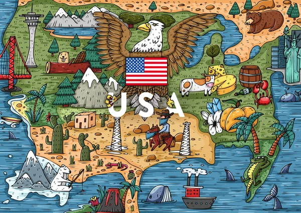 Mapa de Cartoon USA con lugares populares — Vector de stock