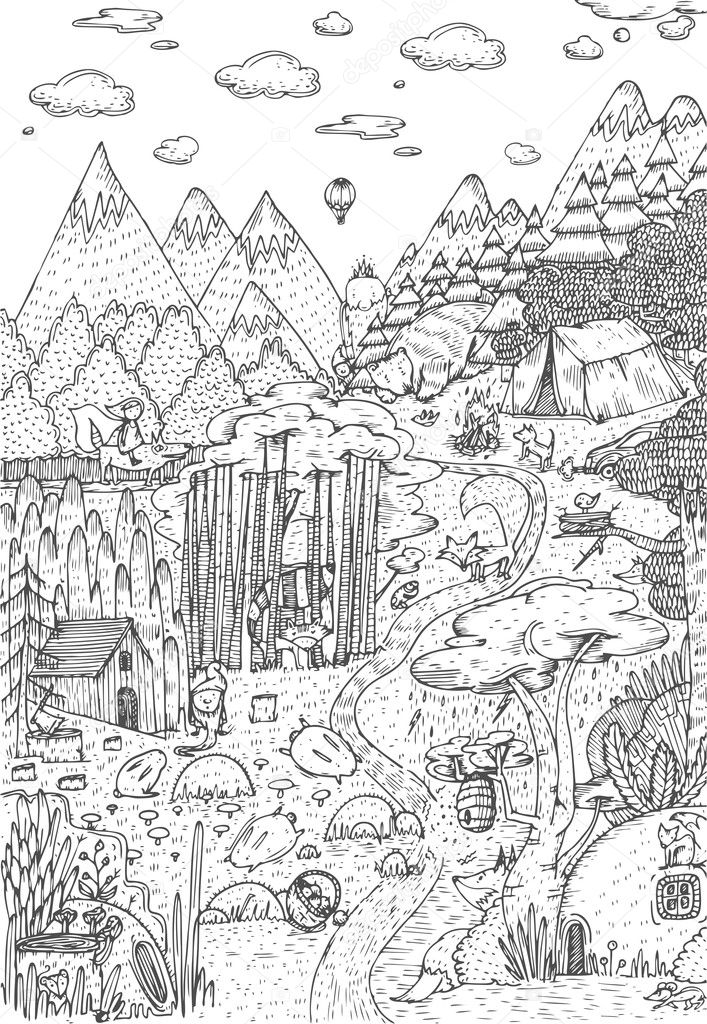 Wild life in forest drawn in art line 