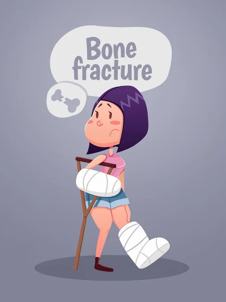Mujer de dibujos animados lesionada usando muletas — Vector de stock