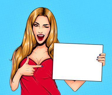 Pop Art Vintage reklam afişi komik kızla konuşma balonu. Güzel kız tarafına işaret