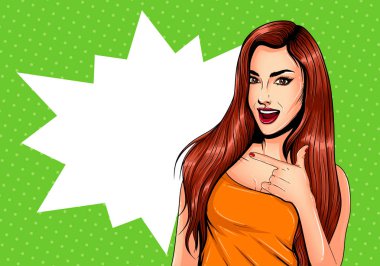 Pop Art Vintage reklam afişi komik kızla konuşma balonu. Güzel kız tarafına işaret