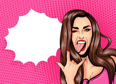 Pop Art Vintage reklam afişi komik kızla konuşma balonu. Dil ve rock and roll işaret gösteren güzel kız