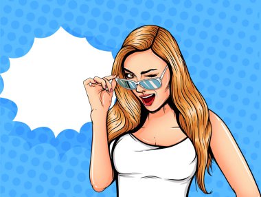 Pop Art Vintage reklam afişi komik kızla konuşma balonu. Güzel kız sana göz kırpıyor