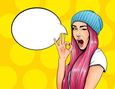 Pop Art Vintage reklam afişi komik kızla konuşma balonu. Ok hareket veren güzel kız