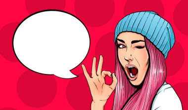Pop Art Vintage reklam afişi komik kızla konuşma balonu. Ok hareket veren güzel kız
