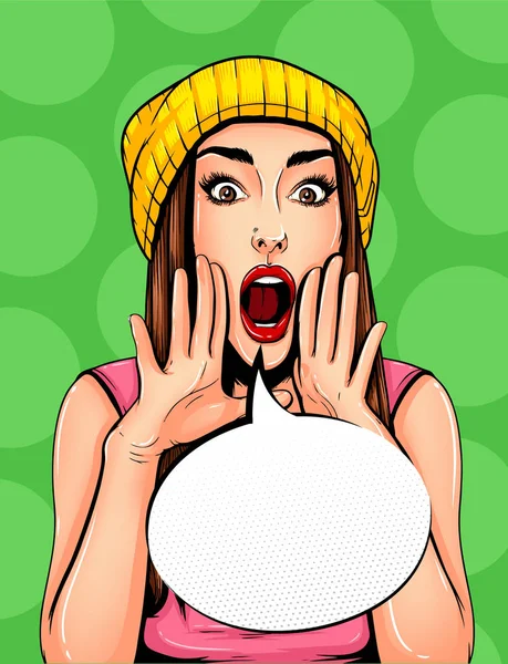 Поп Арт Винтаж постер комикс девушка с пузырьком речи. Красивая девушка объявляет, рассказывает секрет, кричит или кричит — стоковый вектор