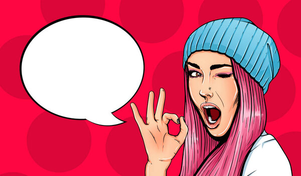 Поп Арт Винтаж реклама плакат комикс девушка с пузырьком речи. Милая девушка, делающая хороший жест
