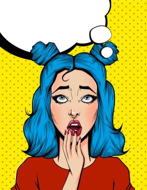 Pop Art Vintage reklam afişi komik kızla konuşma balonu. Surpised güzel kız