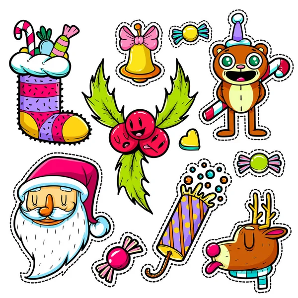 Set of Merry Christmas and Happy New Year stickers or magnets. Festive souvenirs. Hipster style — Stock Vector
